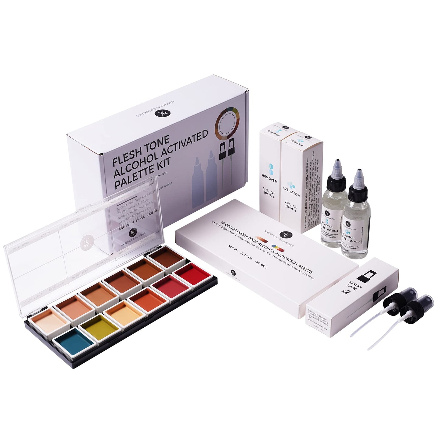 12-Color Flesh Tone Alcohol-Activated Palette, Tattoo Cover, Highly Pigmented Professional SFX Makeup for Film, Theatre, TV