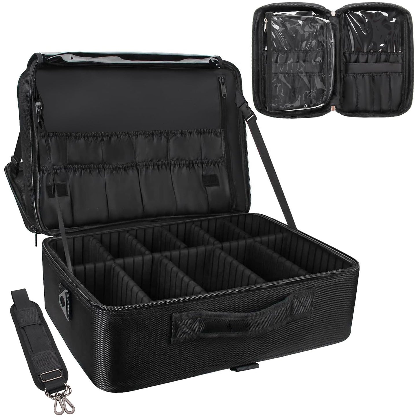 Relavel Extra Large Makeup Case Travel Makeup Train Case Professional Makeup Artist Bag Portable Nail Organizer Box Art Supply Case with Adjustable Dividers/Attach to Trolley/Shoulder Strap (Black)