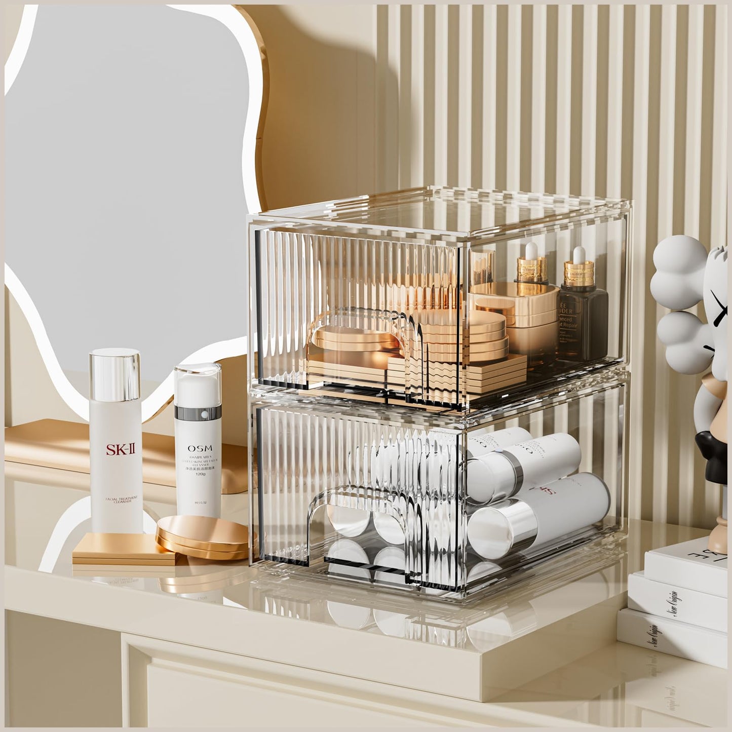 ZHIAI Stackable Storage Drawer, 4 Piece Acrylic Organiser for Cosmetics and Beauty Products, Suitable for Dressers, Bathrooms, Cabinets, Storage Rooms, Bedrooms and Home Organisers