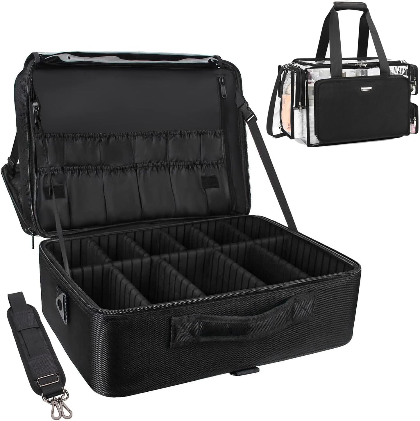 Relavel Extra Large Makeup Case Travel Makeup Train Case Professional Makeup Artist Bag Portable Nail Organizer Box Art Supply Case with Adjustable Dividers/Attach to Trolley/Shoulder Strap (Black)