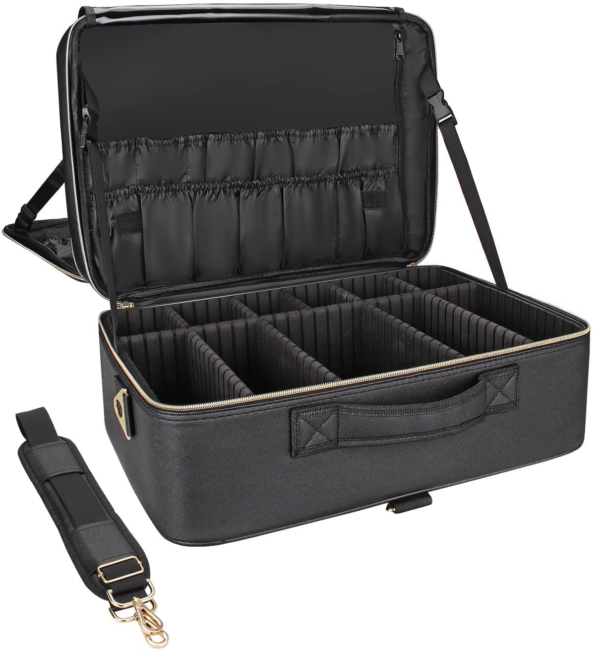 Relavel Extra Large Makeup Case Travel Makeup Train Case Professional Makeup Artist Bag Portable Nail Organizer Box Art Supply Case with Adjustable Dividers/Attach to Trolley/Shoulder Strap (Black)