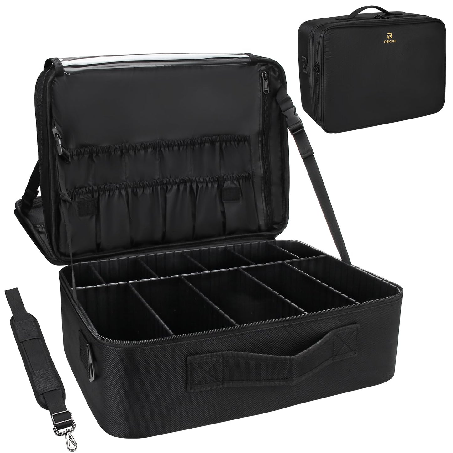 Relavel Extra Large Makeup Case Travel Makeup Train Case Professional Makeup Artist Bag Portable Nail Organizer Box Art Supply Case with Adjustable Dividers/Attach to Trolley/Shoulder Strap (Black)