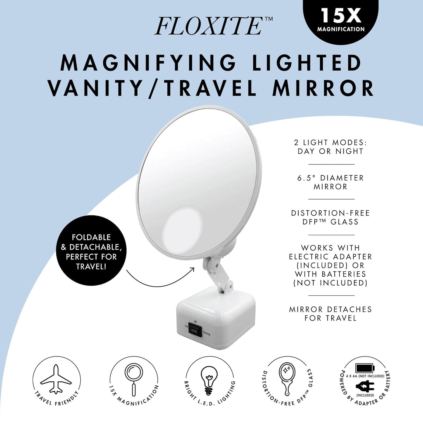 Floxite FL-615-2 15X LED Supervision Travel Magnifying Mirror with Light, Lighted Makeup Mirror with magnification, Portable Vanity mirror with light, plug in, battery operated, cosmetic mirror