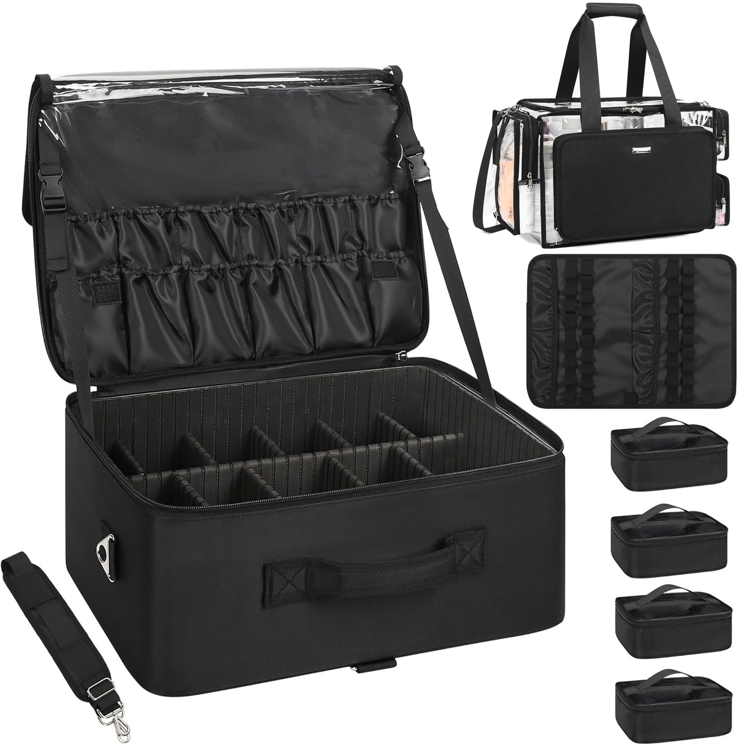 Relavel Extra Large Makeup Case Professional Cosmetic Storage Organizer Box Brush Holder with 4 Clear Set Bags & Lipstick Plate for Makeup Artists with Shoulder Strap & Adjustable Dividers