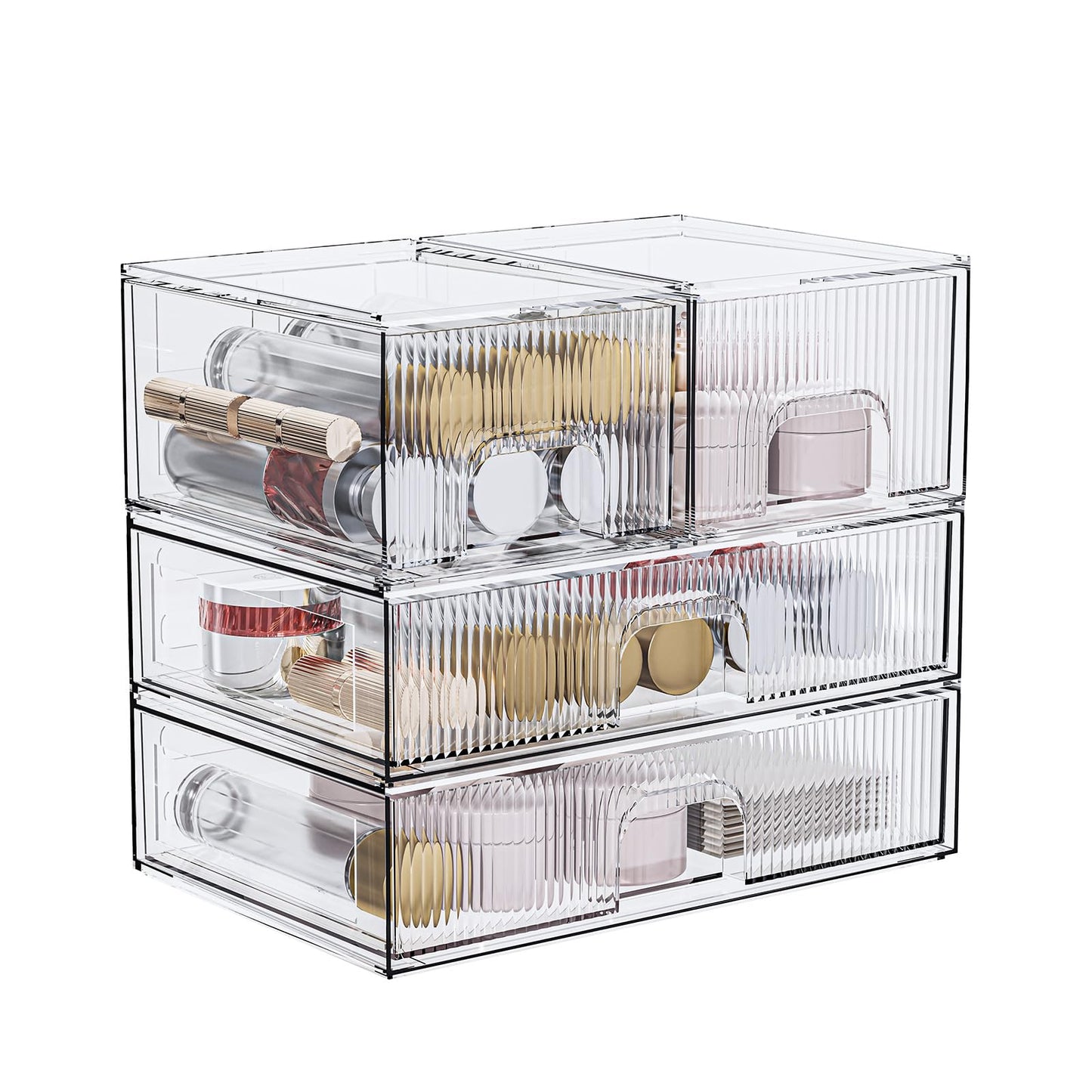 ZHIAI Stackable Storage Drawer, 4 Piece Acrylic Organiser for Cosmetics and Beauty Products, Suitable for Dressers, Bathrooms, Cabinets, Storage Rooms, Bedrooms and Home Organisers