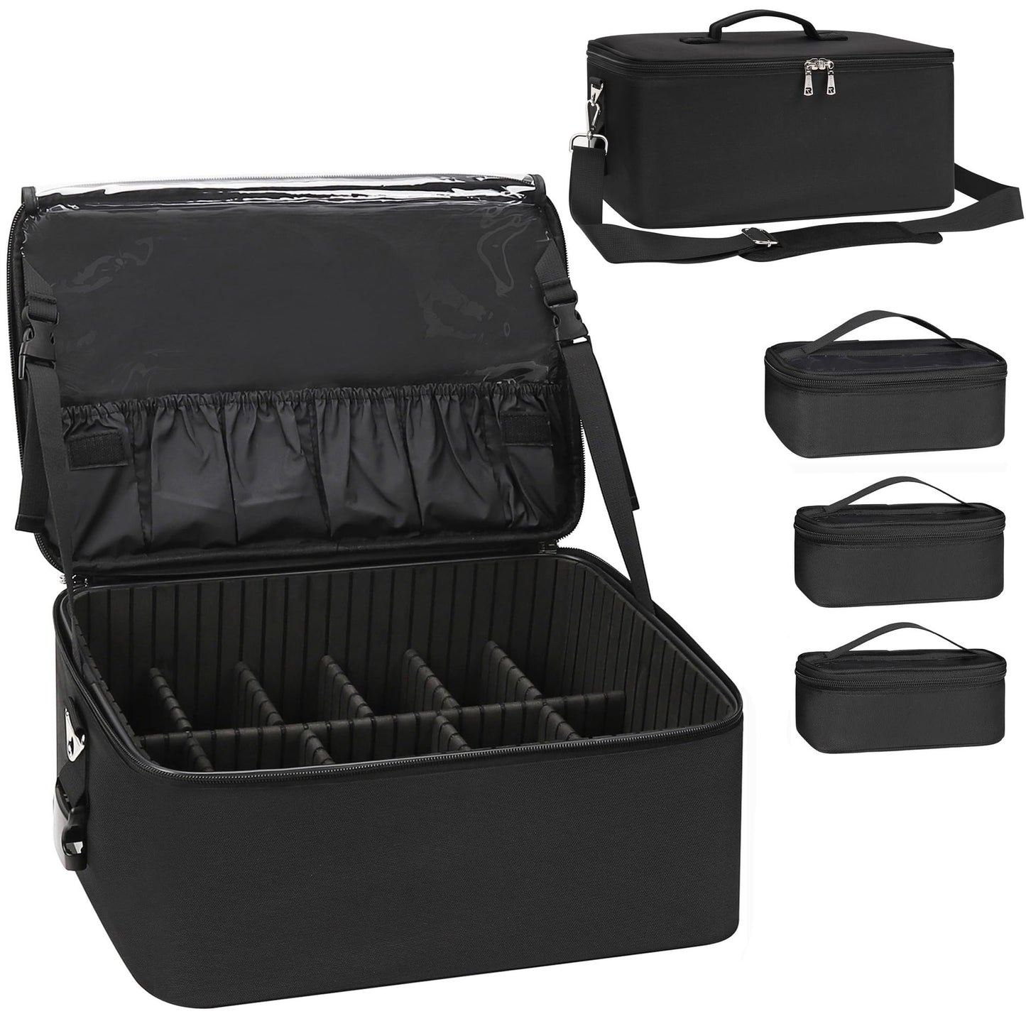 Relavel Extra Large Makeup Case Professional Cosmetic Storage Organizer Box Brush Holder with 4 Clear Set Bags & Lipstick Plate for Makeup Artists with Shoulder Strap & Adjustable Dividers