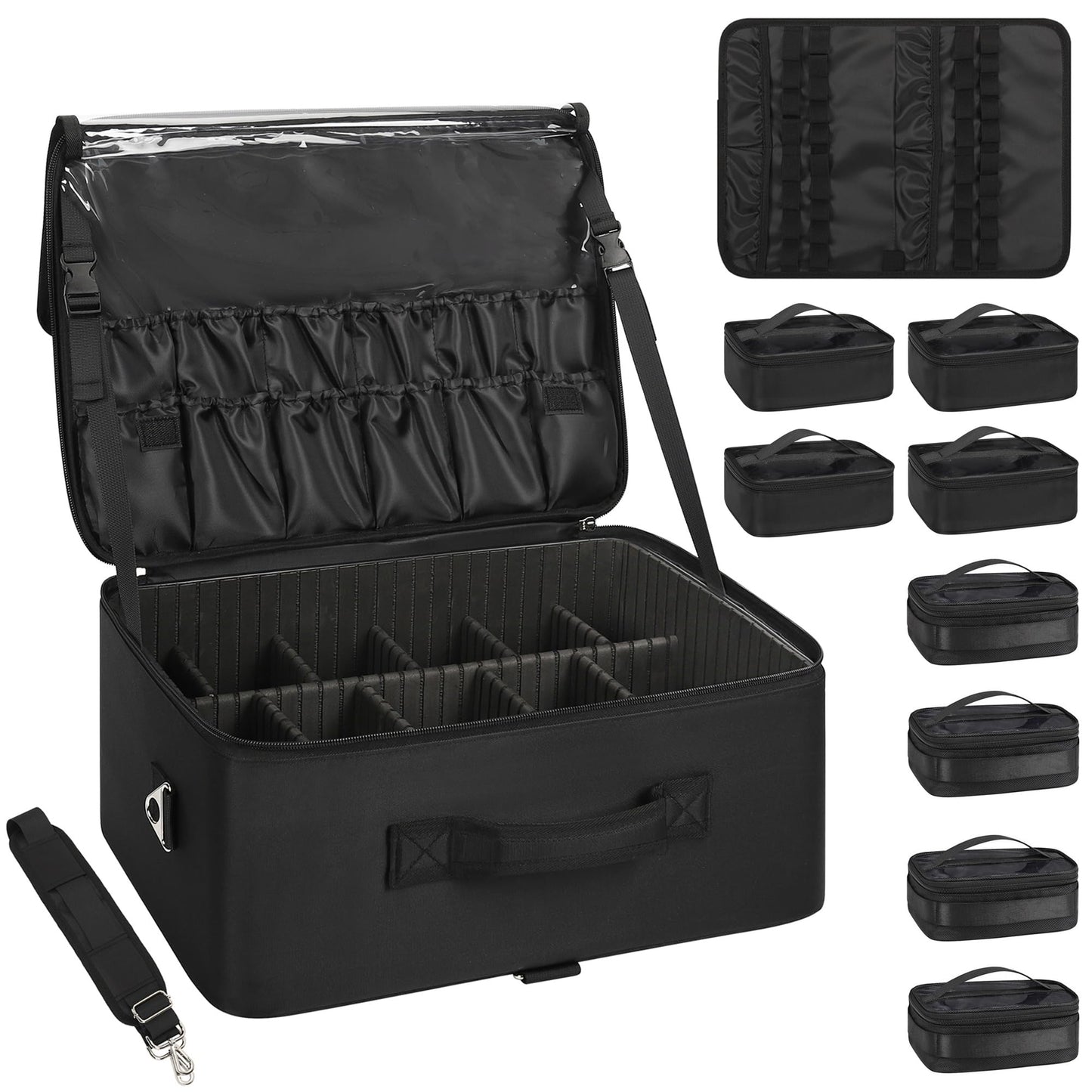 Relavel Extra Large Makeup Case Professional Cosmetic Storage Organizer Box Brush Holder with 4 Clear Set Bags & Lipstick Plate for Makeup Artists with Shoulder Strap & Adjustable Dividers