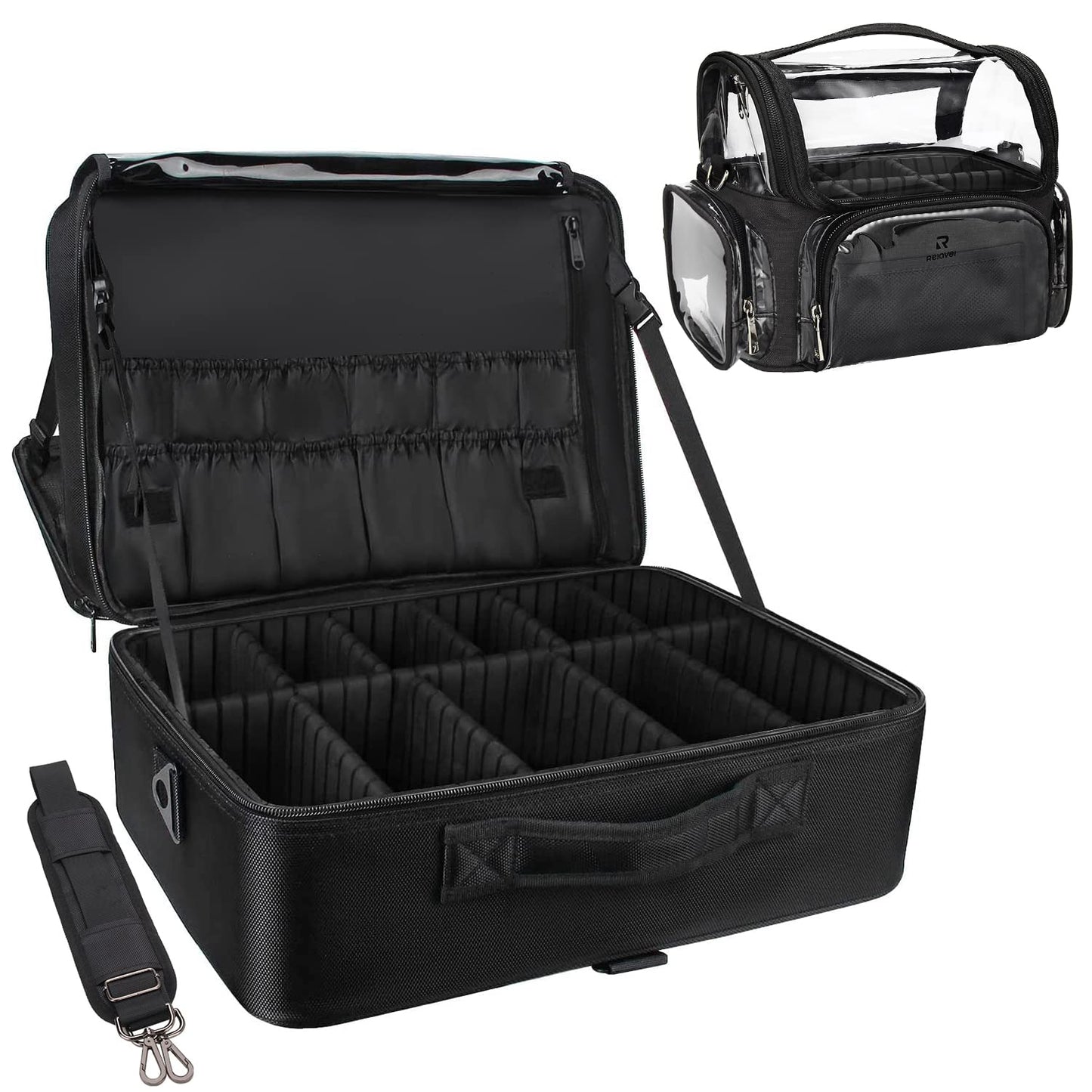 Relavel Extra Large Makeup Case Travel Makeup Train Case Professional Makeup Artist Bag Portable Nail Organizer Box Art Supply Case with Adjustable Dividers/Attach to Trolley/Shoulder Strap (Black)