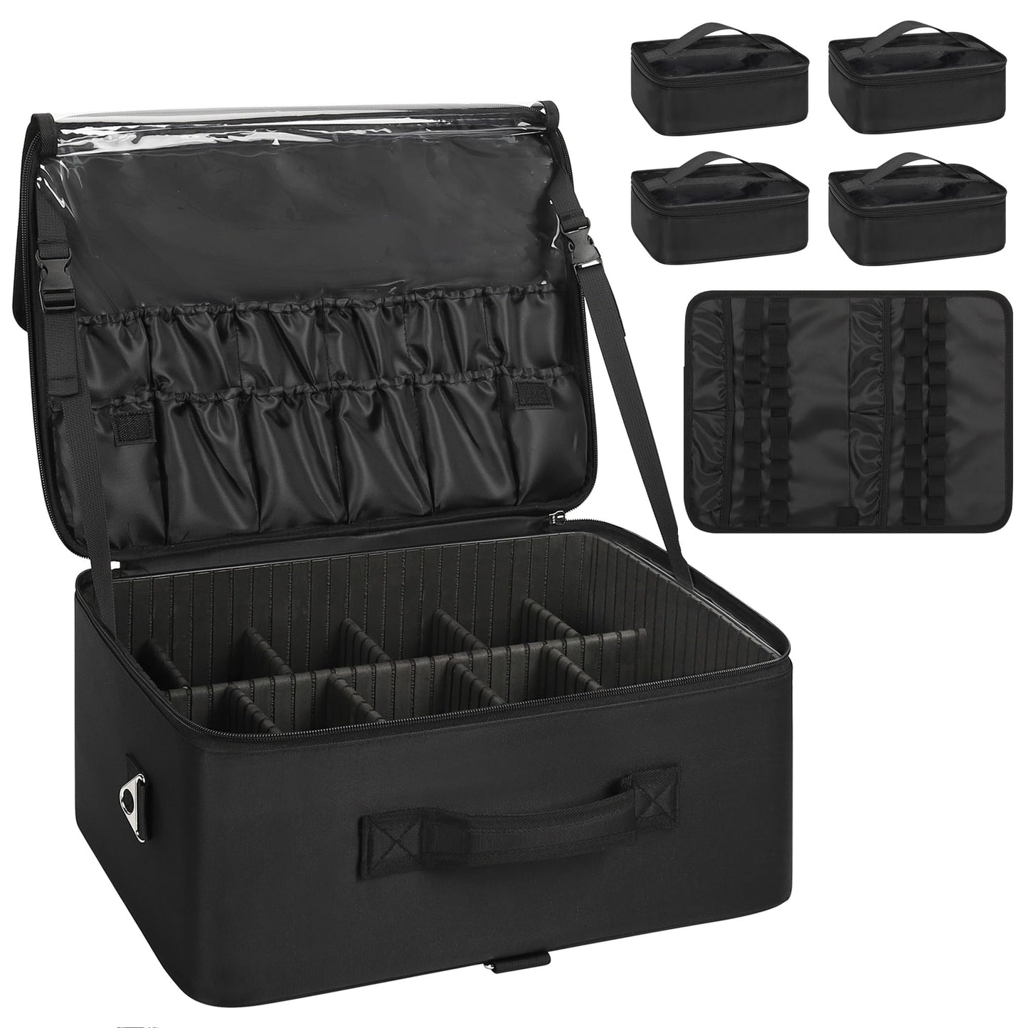 Relavel Extra Large Makeup Case Travel Makeup Train Case Professional Makeup Artist Bag Portable Nail Organizer Box Art Supply Case with Adjustable Dividers/Attach to Trolley/Shoulder Strap (Black)