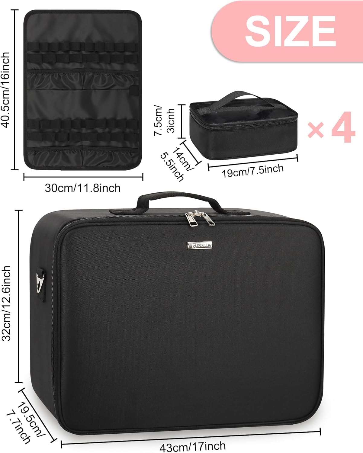 Relavel Extra Large Makeup Case Professional Cosmetic Storage Organizer Box Brush Holder with 4 Clear Set Bags & Lipstick Plate for Makeup Artists with Shoulder Strap & Adjustable Dividers