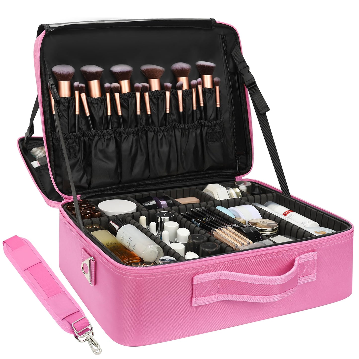 Relavel Extra Large Makeup Case Travel Makeup Train Case Professional Makeup Artist Bag Portable Nail Organizer Box Art Supply Case with Adjustable Dividers/Attach to Trolley/Shoulder Strap (Black)