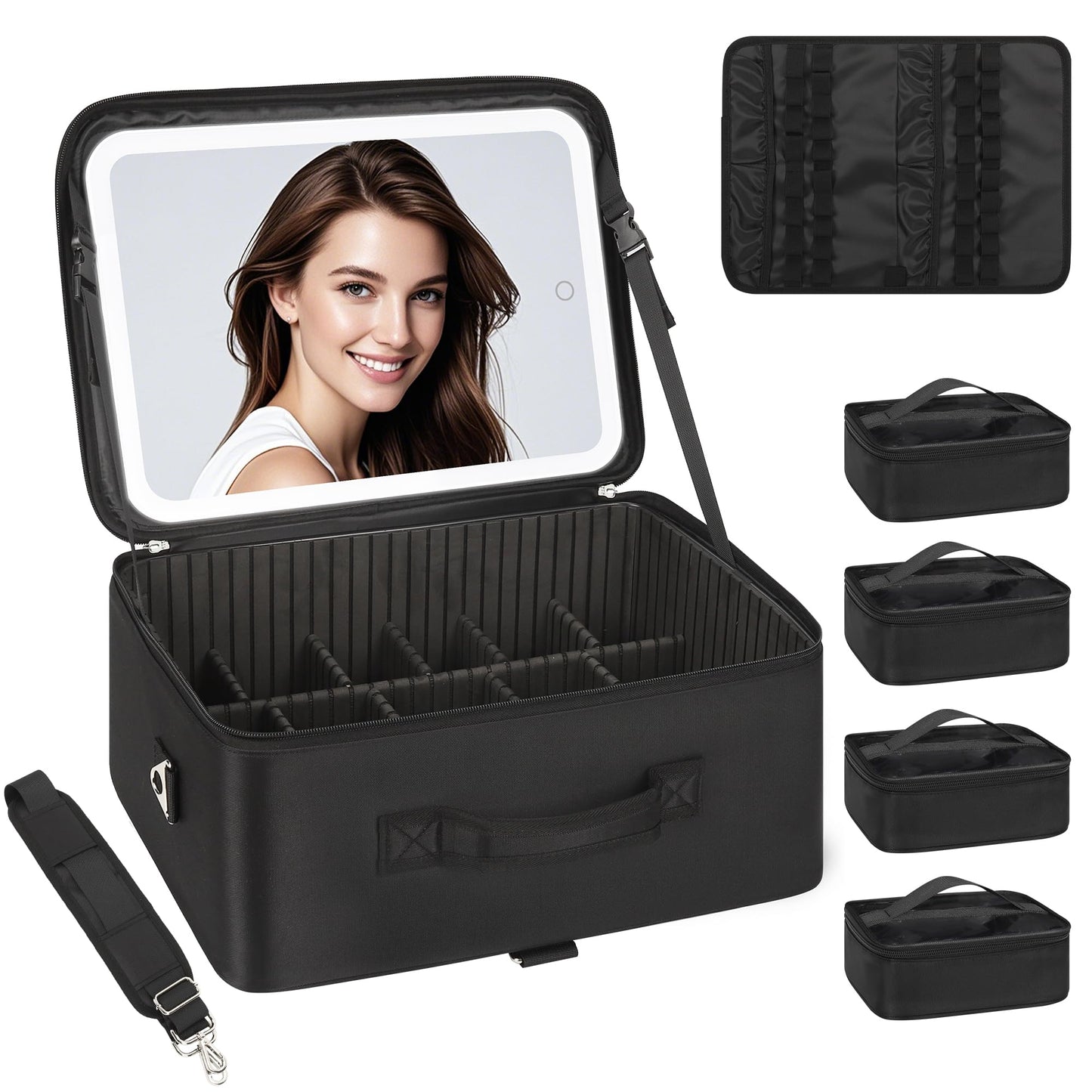 Relavel Extra Large Makeup Case Professional Cosmetic Storage Organizer Box Brush Holder with 4 Clear Set Bags & Lipstick Plate for Makeup Artists with Shoulder Strap & Adjustable Dividers