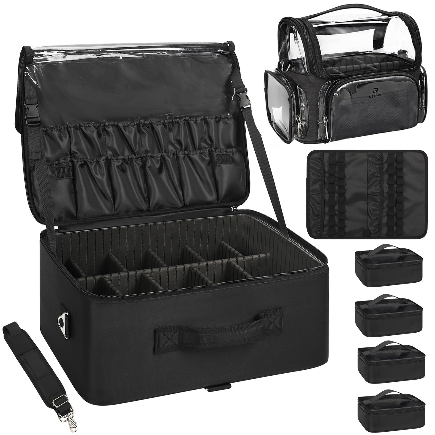 Relavel Extra Large Makeup Case Professional Cosmetic Storage Organizer Box Brush Holder with 4 Clear Set Bags & Lipstick Plate for Makeup Artists with Shoulder Strap & Adjustable Dividers