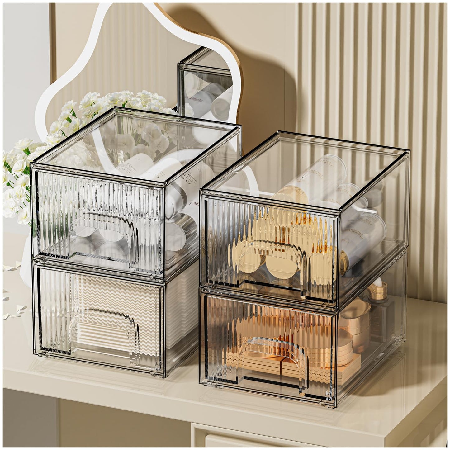 ZHIAI Stackable Storage Drawer, 4 Piece Acrylic Organiser for Cosmetics and Beauty Products, Suitable for Dressers, Bathrooms, Cabinets, Storage Rooms, Bedrooms and Home Organisers