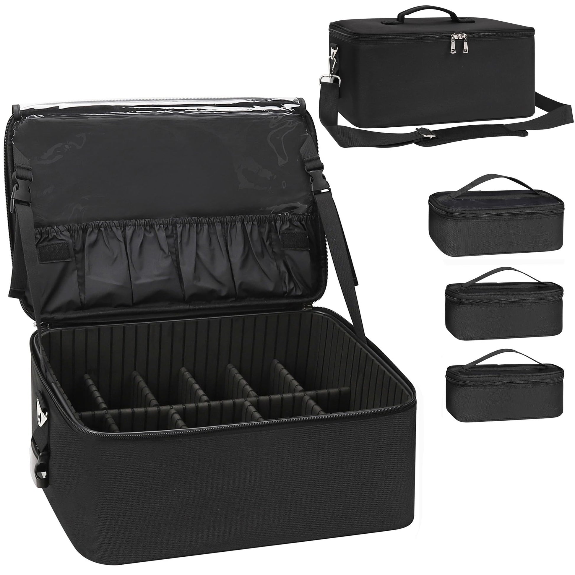 Relavel Extra Large Makeup Case Professional Cosmetic Storage Organizer Box Brush Holder with 4 Clear Set Bags & Lipstick Plate for Makeup Artists with Shoulder Strap & Adjustable Dividers